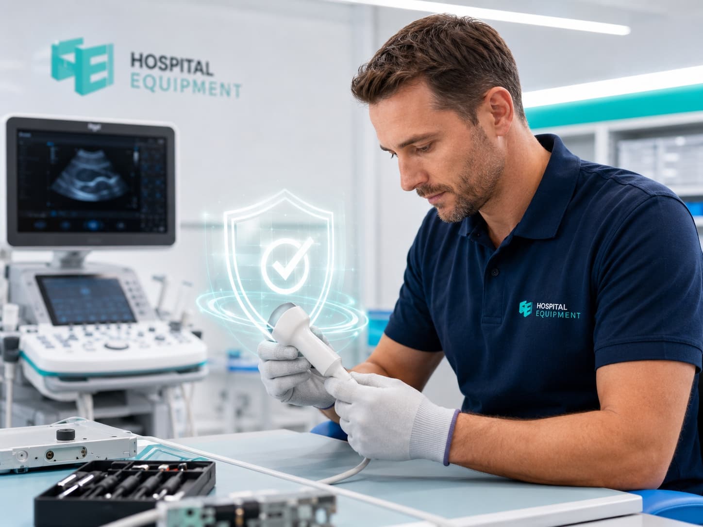 Techniker prüft eine Ultraschallsonde unter Garantie bei Hospital Equipment